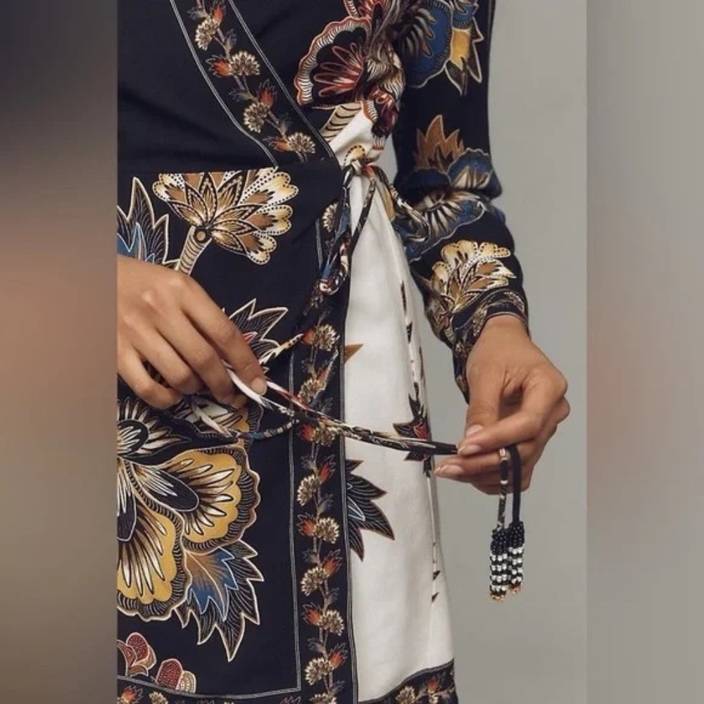 Farm Rio Maxi Floral Print Crepe Wrap Mini Dress in Black Multi - Picture 2 of 14